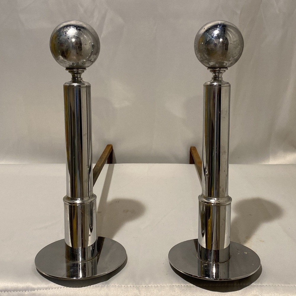 Art Deco Chrome Fireplace Andirons Machine Age in Style of Gilbert Rhode